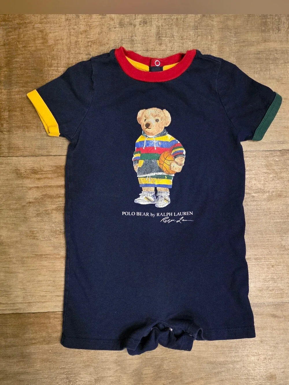Baby Ralph Lauren Navy Blue Romper with Polo Bear and Red, Yellow, Green Trim